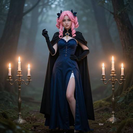 Photograph of a pink-haired woman in a black gothic dress with thigh slit, cape, and gloves, standing in a misty forest with five