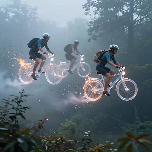 Three cyclists in helmets and backpacks, riding glowing bicycles, jump through a misty forest, with sparks flying from their tires. Photograph.