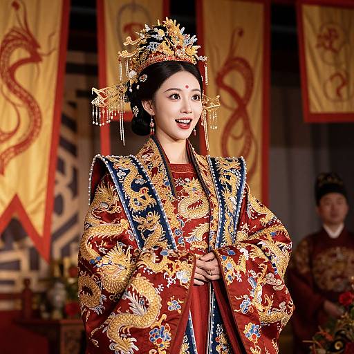 Photograph of an Asian woman in ornate traditional Chinese dragon-patterned red and gold robes, adorned with a jeweled headdress, smiling against a