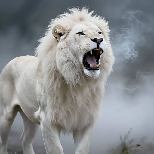 Photograph of a white lion roaring with smoke, set against a blurred, misty background. The lion's fur is lush and detailed, highlighting its