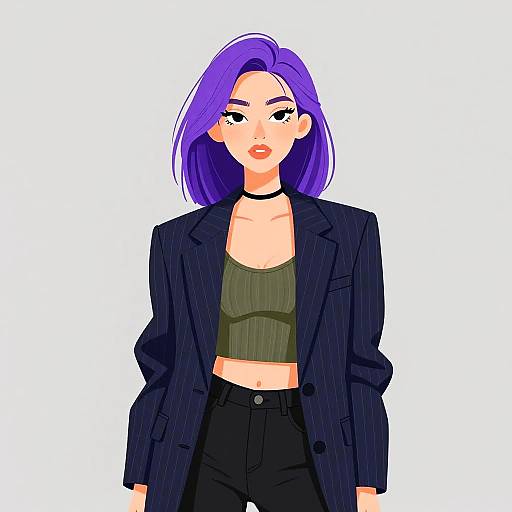 Digital illustration of a confident woman with purple hair, wearing a black blazer, green crop top, and high-waisted black pants. White background