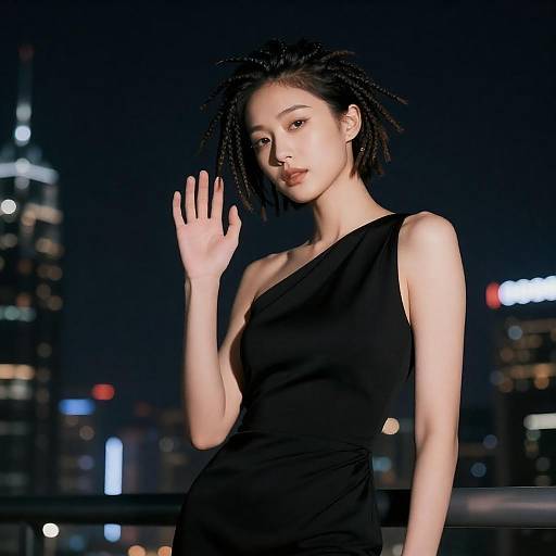 Woman in Black Dress with Short Dreads at Night