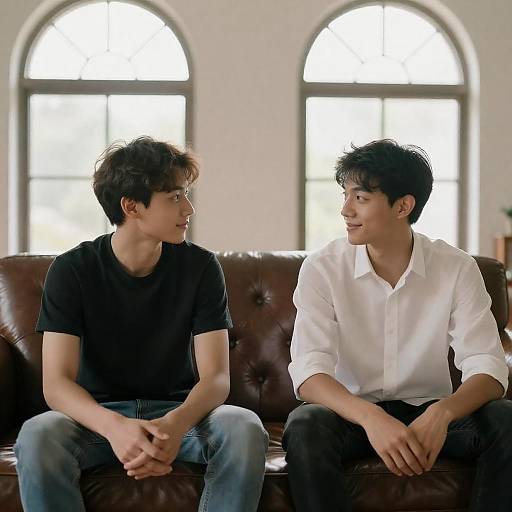 Two Men on Sunlit Leather Couch