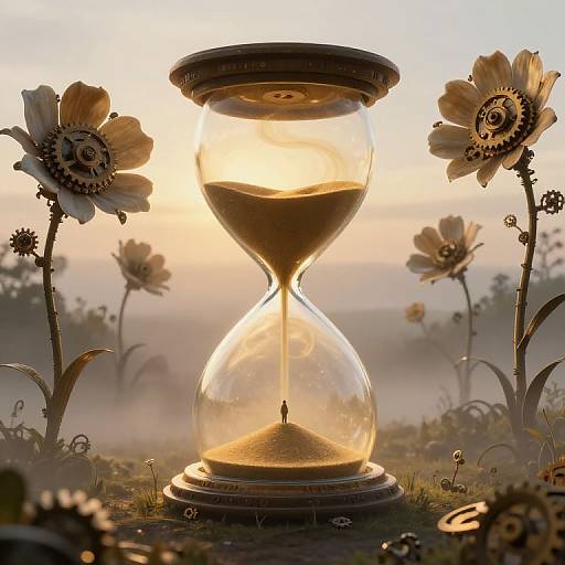 Digital artwork of a glass hourglass with a tiny figure inside, surrounded by mechanical flowers at sunrise, set in a misty meadow. Warm,