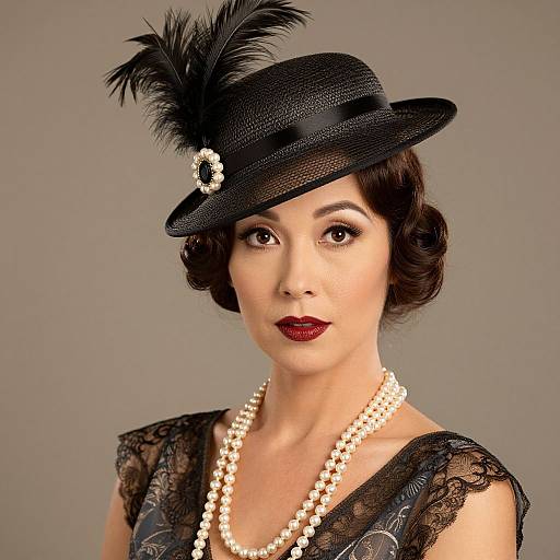 Vintage photograph of a fair-skinned woman with dark wavy hair, wearing a black lace dress, pearl necklace, and black feathered hat, against