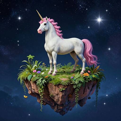 Digital artwork of a white unicorn with a pink mane and tail, standing on a floating, grassy rock in a starry night sky.