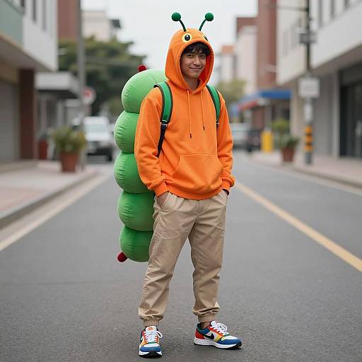 Young Man in Caterpillar Costume on Street