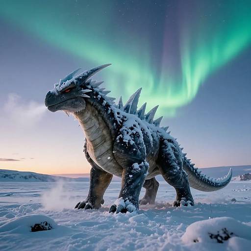 Photorealistic CGI of a snow-covered, black-scaled dragon with blue ice spikes standing in a snowy landscape under vibrant green auroras.
