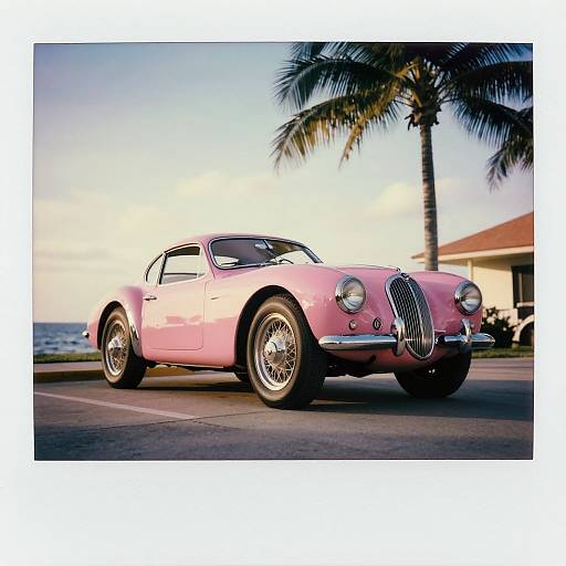 Photograph of a pink classic car with chrome details parked on a coastal road, palm tree and ocean in background.
