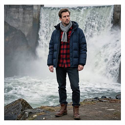 Photograph of a bearded man in a navy puffer jacket, red plaid shirt, gray scarf, black pants, brown boots, standing before