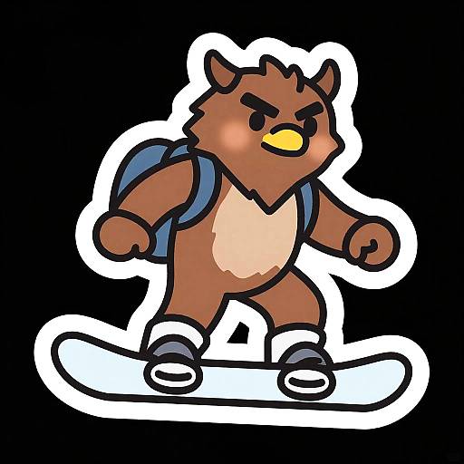 Cartoon brown bear with black eyebrows, yellow beak, blue backpack, and white snowboard, standing on black background. Bold, colorful, digital