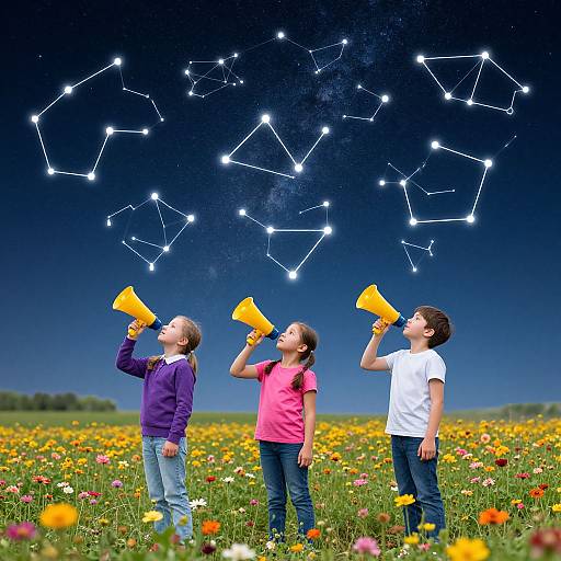 Photograph of three children with yellow megaphones, standing in a colorful flower field, gazing at a star constellation-filled night sky.