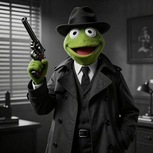 Photograph of a green frog puppet in a black trench coat, fedora, and tie, holding a gun, standing in a dark, noir-style