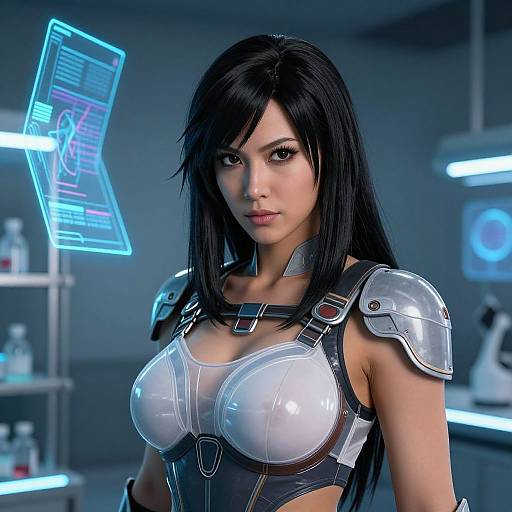 CGI image of a black-haired woman with large breasts in futuristic metallic armor, set in a high-tech lab with neon blue displays.