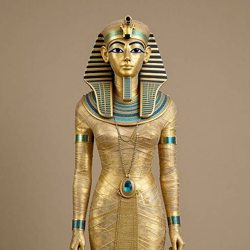 Photograph of an ancient Egyptian-style golden statue with blue and black striped headdress, blue jewelry, and detailed golden body.