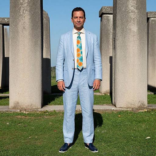 Photograph of a man in light blue suit, colorful tie, standing in front of stone pillars, grassy background, clear blue sky.