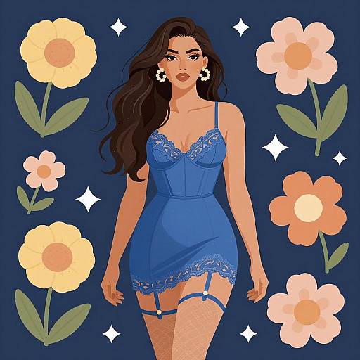 Confident Woman in Blue Floral Elegance