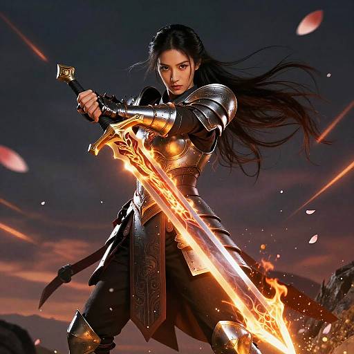 Confident Woman Warrior with Fiery Sword