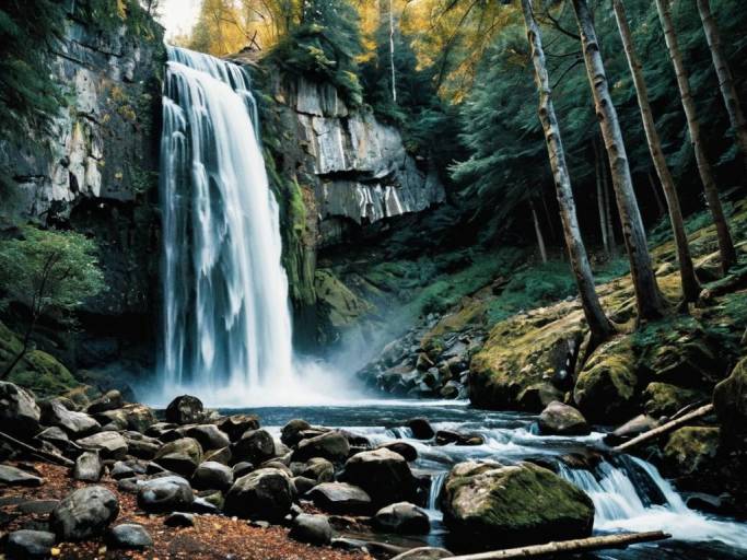 Serene Waterfall in Lush Forest Setting
