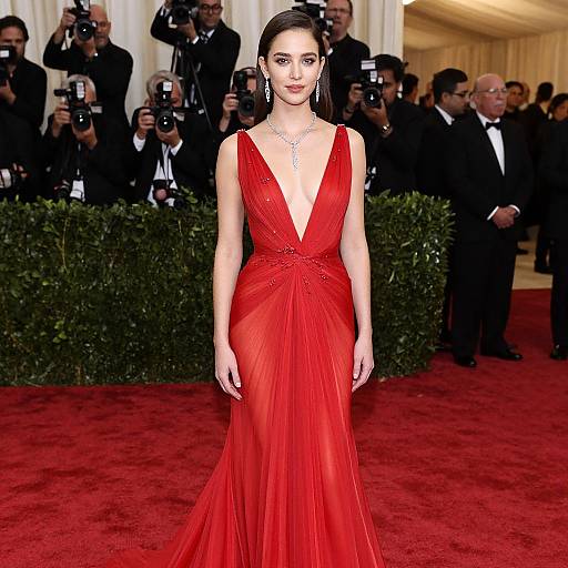 Photograph of a stunning woman in a deep red, V-neck, floor-length gown, with elegant updo and jewelry, walking on a red carpet