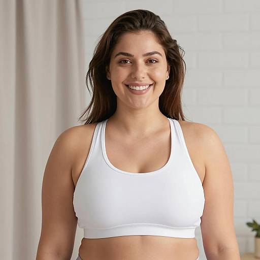 Smiling Woman in White Sports Bra