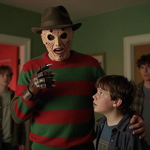 Freddy Krueger and Frightened Boy in Horror Scene