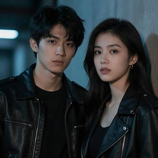 Young Asian Couple in Leather Jackets at Night