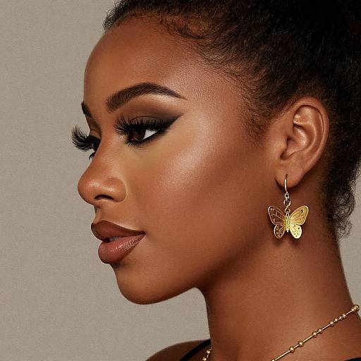 Photograph of a dark-skinned woman with curly hair, wearing gold butterfly earrings and dramatic black eyeliner, in profile against a gray background.