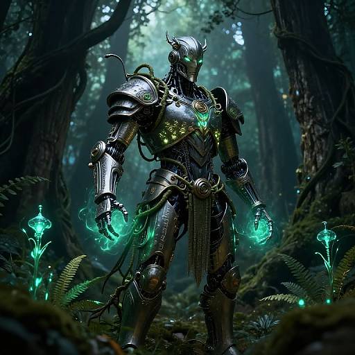 Digital art of a glowing, armored, humanoid figure with green eyes and luminescent green energy hands, standing in a dark, misty forest.