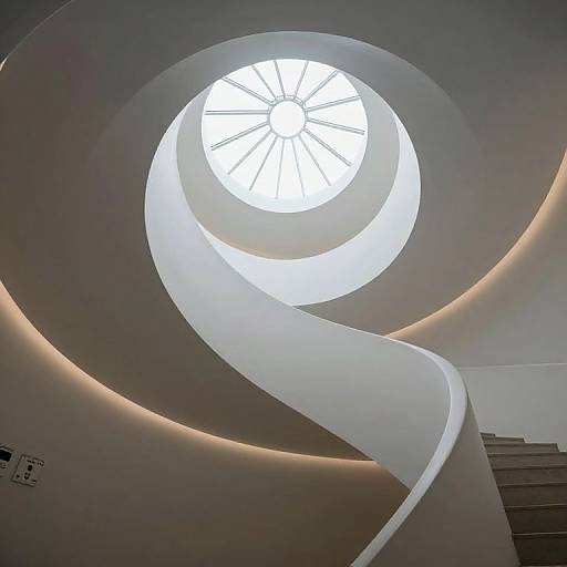 Photograph of a modern, spiral staircase with smooth white curves, illuminated by a circular skylight in the center. Soft, LED strip lights accent
