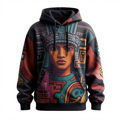 Photograph of a vividly colored, digital-patterned hoodie featuring a detailed, stylized face of a young woman in geometric, cyberpunk-inspired designs