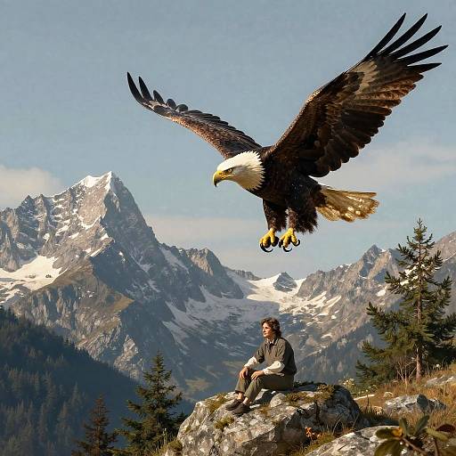Photograph of a bald eagle soaring above a man seated on a rocky mountain ledge, with snow-capped peaks and pine trees in the background.