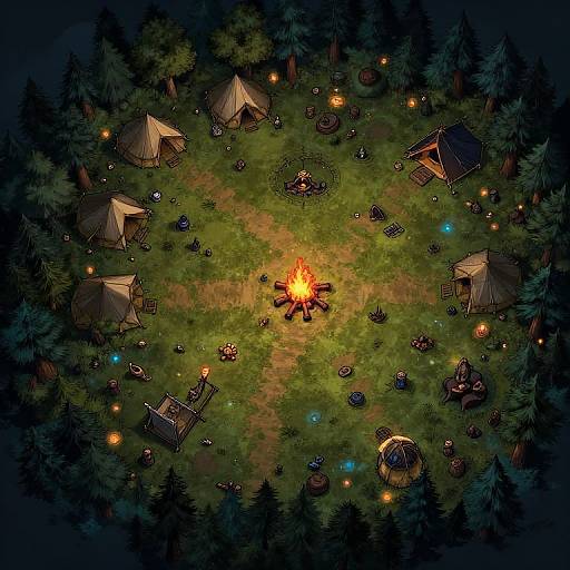 Aerial view of a vibrant campsite with six tents, a central bonfire, scattered campfires, and forested surroundings, glowing warmly in the