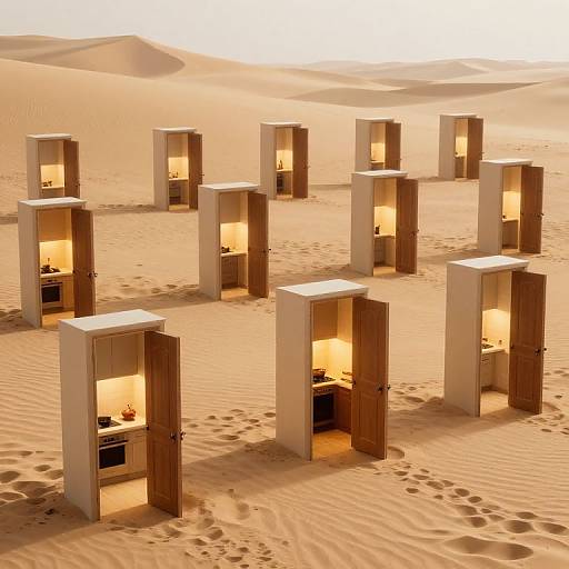 Photograph of minimalist wooden cabinets with warm lights, standing in a sandy desert, evenly spaced, creating a surreal, modern oasis.