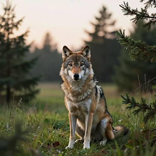 Photograph of a focused, gray and brown coyote with white underbelly, sitting on grass amidst pine trees at sunrise.