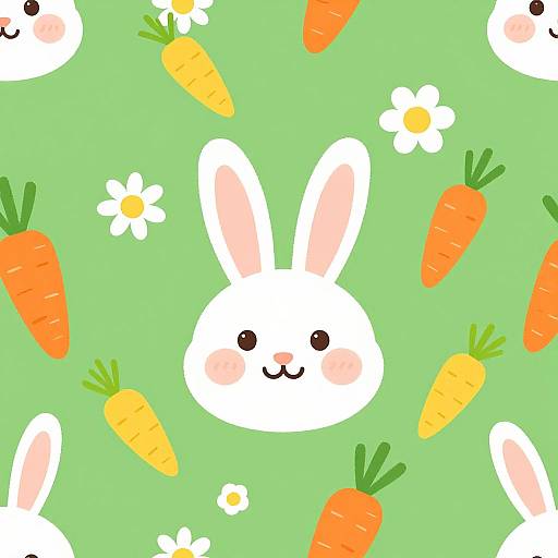 Cute, colorful digital illustration of white bunny faces, orange carrots, and white daisies on a light green background.