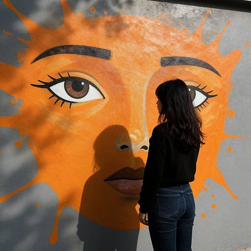Photograph of a woman with long brown hair, black top, and blue jeans standing in front of a large, orange, abstract face mural with black