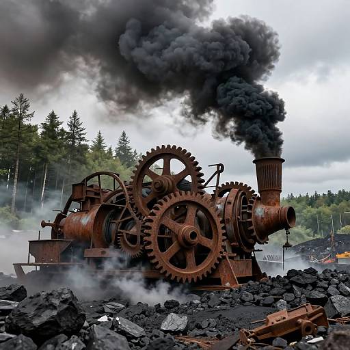 Photograph of a rusted steam locomotive with large gears, emitting thick black smoke, set amidst rocky terrain and a forested background.