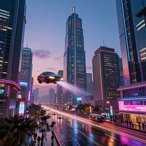 Neon-lit, futuristic cityscape photograph at dusk, featuring flying car, tall skyscrapers, vibrant street lights, and blurred light trails on