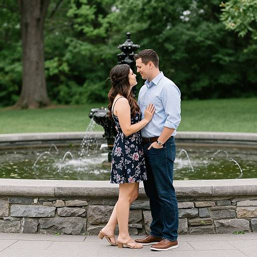 Photograph of a couple standing in a park, facing each other, touching foreheads. She wears a black floral dress, he wears a light blue