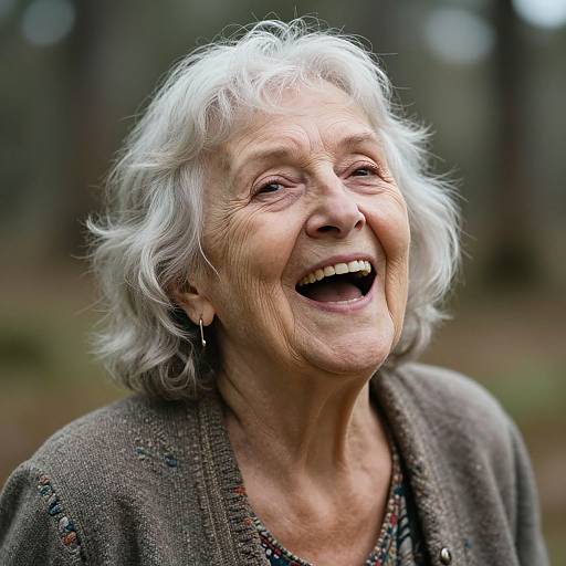Photograph of an elderly woman with white, wavy hair, smiling broadly, wearing a brown textured cardigan, set against a blurred forest background.