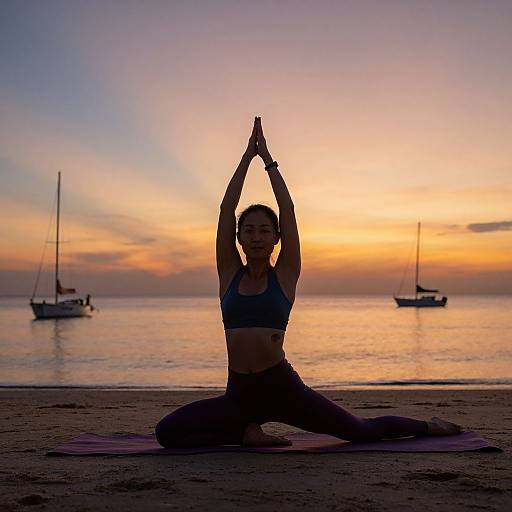 Photograph of a woman in a blue sports bra and black leggings, kneeling on a purple yoga mat, hands in prayer position, against a serene sunset