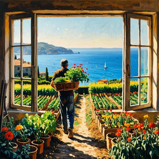 Impressionist Gardener Overlooking Italian Seaside Garden