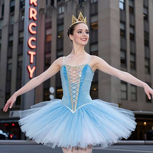 Photograph of a smiling ballerina in a light blue tutu and gold crown, with arms outstretched, in front of a city building