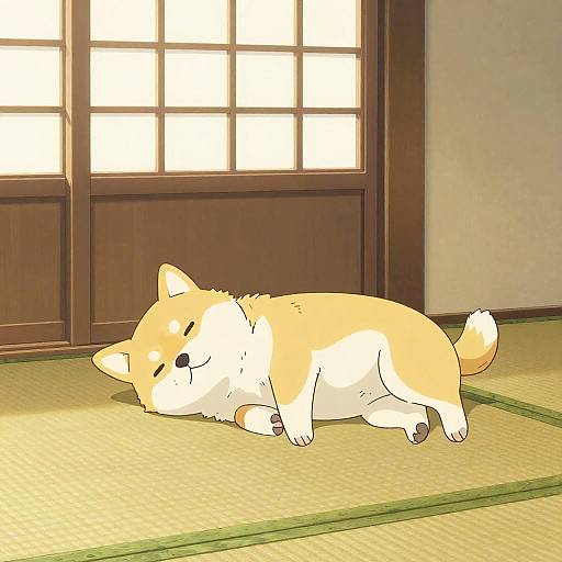 Digital anime-style drawing of a sleeping, light brown and white Shiba Inu dog on a green tatami mat in front of a wooden shoji