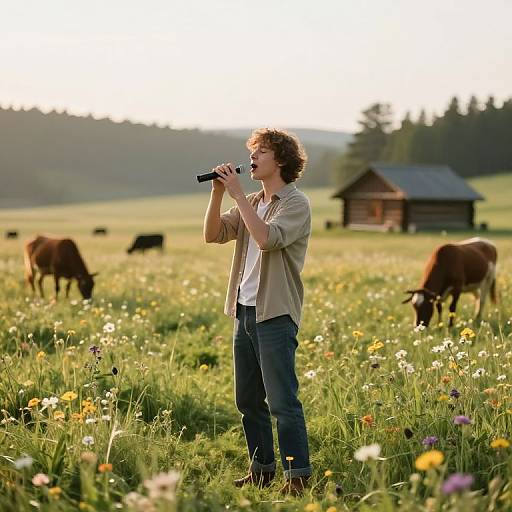 Young man with curly hair, beige shirt, and blue jeans, stands in a sunlit meadow, holding binoculars, surrounded by grazing cows