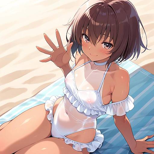 Anime-style digital drawing of a cute, short-haired girl with brown eyes and dark hair, wearing a white, ruffled, one-piece swimsuit,