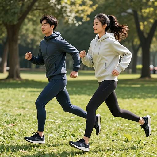Photograph of a young Asian couple jogging in a sunlit park, wearing black leggings, white and dark hoodies, and black sneakers.