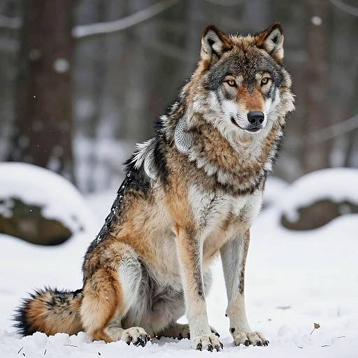 Photograph of a majestic gray wolf with brown, black, and white fur, sitting in a snowy forest, looking directly at the camera.