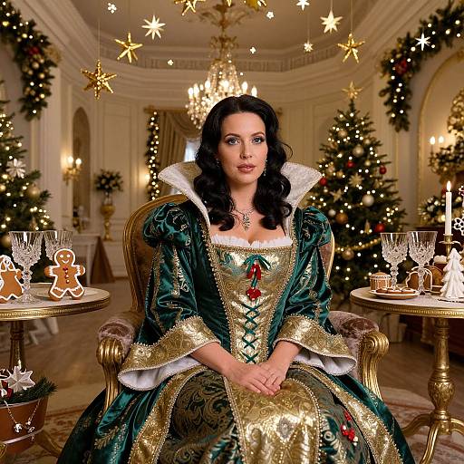 Photorealistic digital art of a fair-skinned woman with long black hair, wearing a green and gold Renaissance-style gown, seated in an elegant,